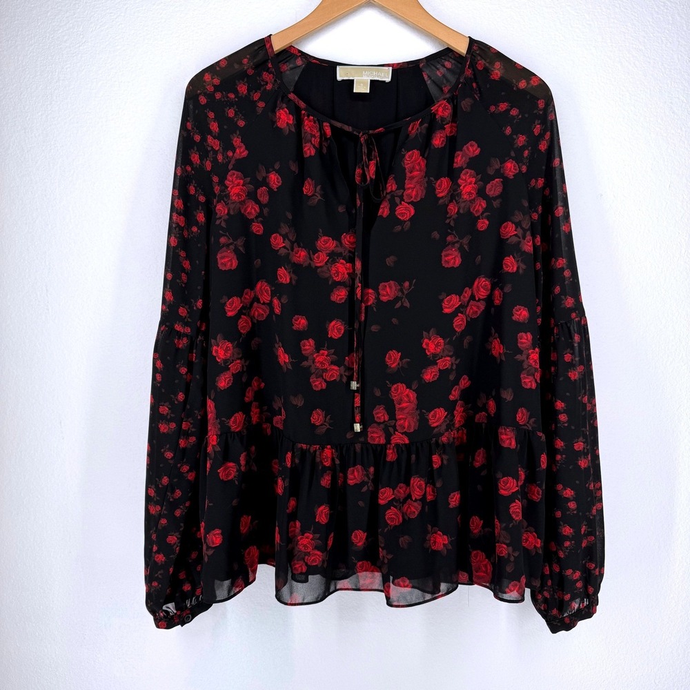 MICHAEL KORS Peplum Top Size Small Bishop Sleeve Dark Floral Romantic Sheer